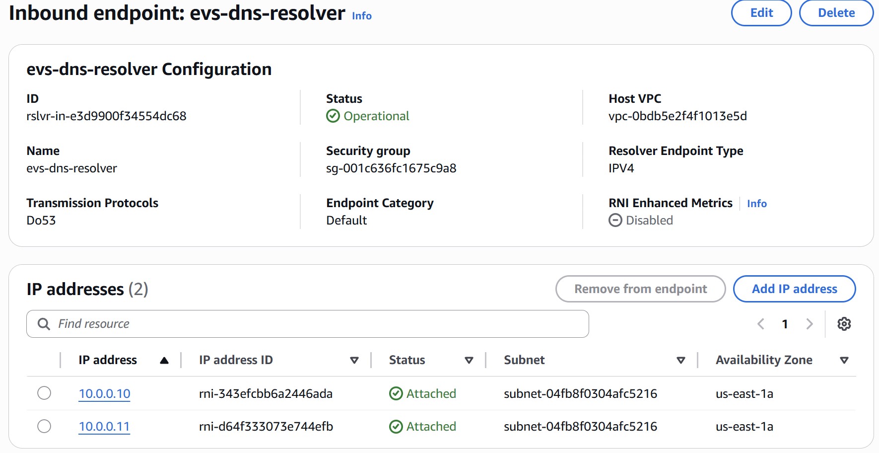Route 53 inbound resolver endpoints for EVS
